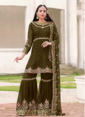 Olive Green Color Georgette Sharara Suit