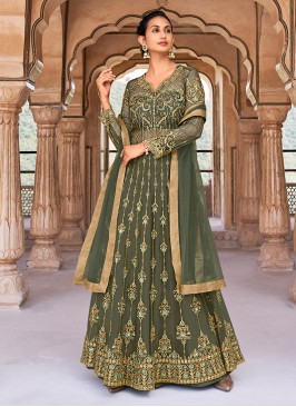 Olive Green Color Net Embroidered Gown