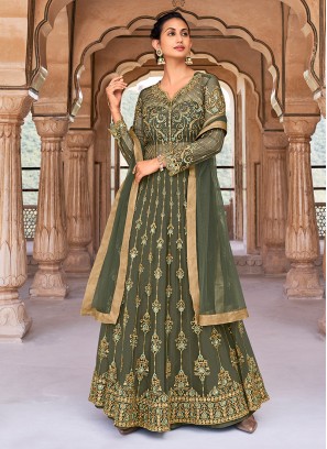 Olive Green Color Net Embroidered Gown