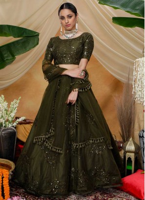 Olive Green Color Net Fancy Lehenga