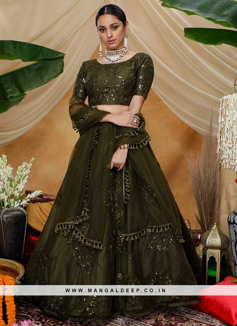 Olive Green Color Net Fancy Lehenga