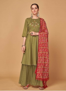 Olive Green Color Silk Embroidered Readymade Suit