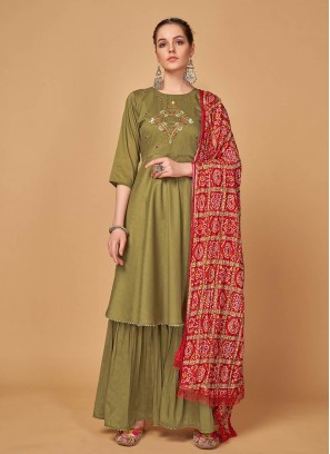 Olive Green Color Silk Embroidered Readymade Suit