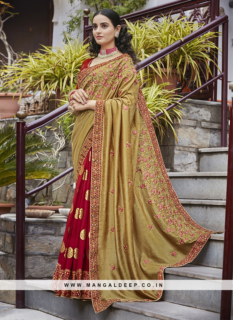 Olive Green Color Silk Embroidered Saree