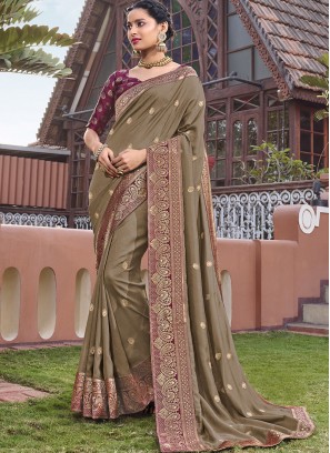 Olive Green Color Silk Party Wear Saree