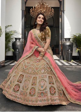 Olive Green Color Velvet Sequins Embroidered Lehenga