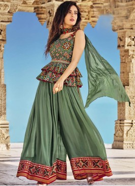 Olive Green Silk Patola Top With Palazzo