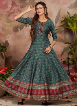 Opulent Digital Print Green Silk Gown 