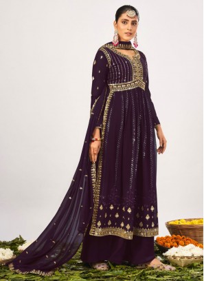 Opulent Georgette Purple Embroidered Palazzo Salwar Suit