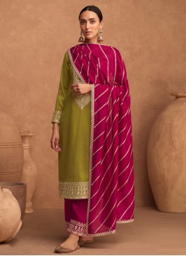 Opulent Green and Rani Embroidered Silk Trendy Salwar Kameez