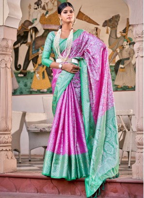Opulent Pink and Sea Green Trendy Saree