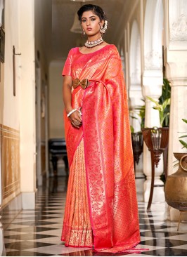 Orange and Pink Banarasi Silk Engagement Designer Saree