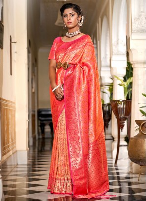 Orange and Pink Banarasi Silk Engagement Designer Saree