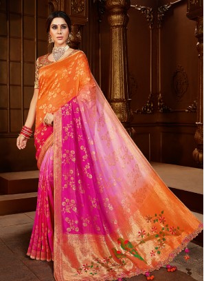 Orange And Pink Color Dola Silk Fancy Saree