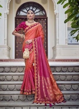 Orange and Pink Color Traditional Designer Saree