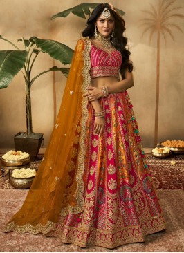 Orange and Pink Resham Designer Lehenga Choli