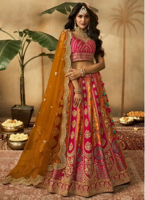 Orange and Pink Resham Designer Lehenga Choli