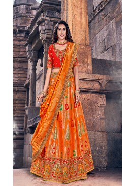 Orange and Red Color Banarasi Silk Lehenga Choli