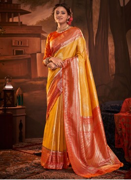 Orange and Yellow Kanchipuram Silk Trendy Saree