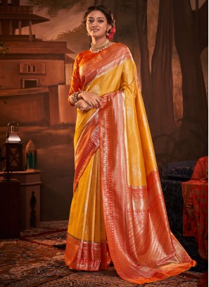 Orange and Yellow Kanchipuram Silk Trendy Saree