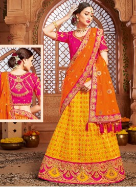 Orange and Yellow Mehndi Patola Silk  Lehenga Choli