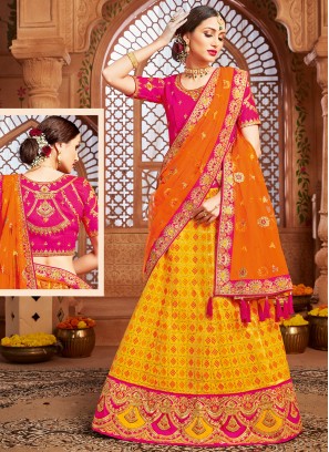 Orange and Yellow Mehndi Patola Silk  Lehenga Choli