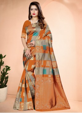 Orange Art Banarasi Silk Designer Traditional Saree