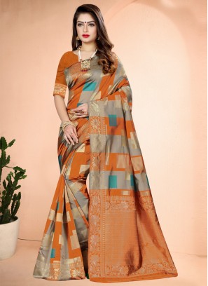 Orange Art Banarasi Silk Designer Traditional Saree