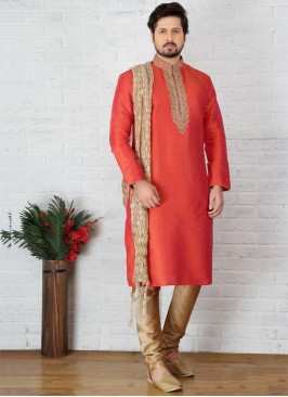 Orange Art Banarasi Silk Kurta Pajama