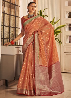 Orange Banarasi Silk Ceremonial Classic Saree