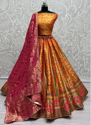 Orange Banarasi Silk Weaving Trendy Lehenga Choli