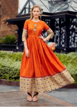 Orange Ceremonial Cotton Casual Kurti