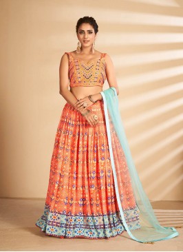 Orange Color Art Silk Bandhej Print Lehenga