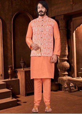 Orange Color Art Silk Mens Kurta Jacket Set