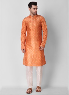 Orange Color Art Silk Mens Kurta Payjama