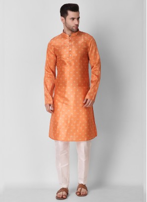 Orange Color Art Silk Mens Kurta Payjama