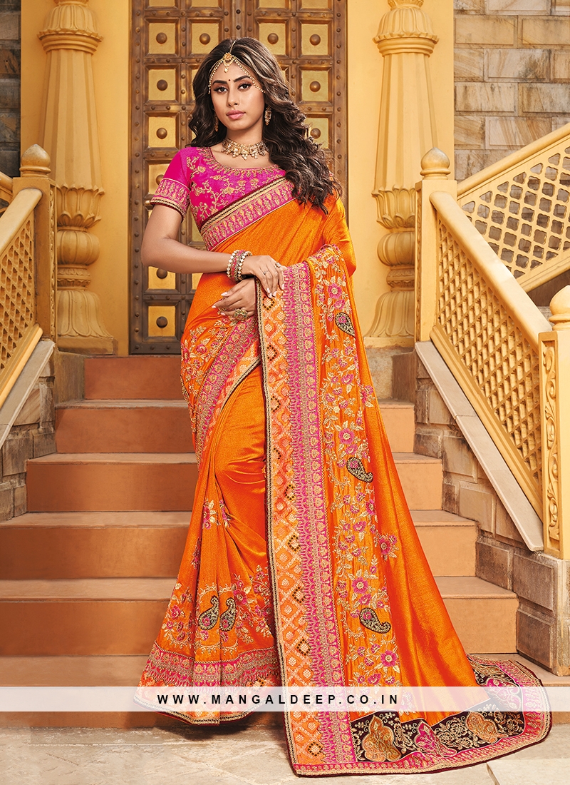 Orange Color Art Silk Wedding Wear Embroidered Saree