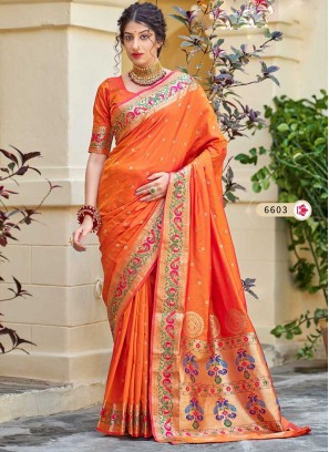 Orange Color Banarasi Silk Saree