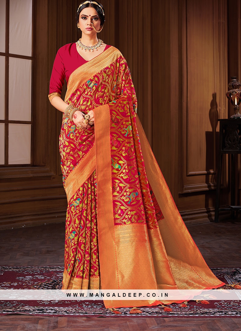Orange Color Banarasi Silk Saree For Ladies