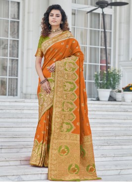 Orange Color Banarasi Silk Traditional Saree