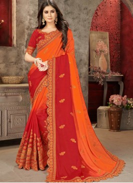 Orange Color Chiffon Embroidered Saree