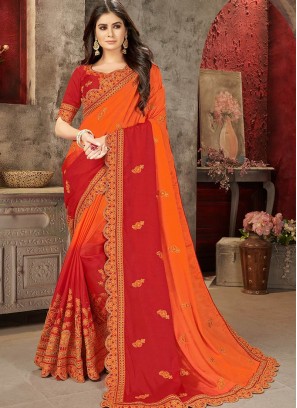 Orange Color Chiffon Embroidered Saree