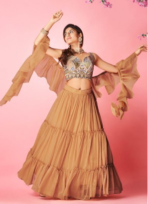 Orange Color Chiffon Thread Work Lehenga