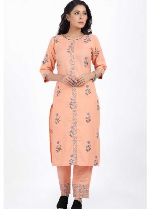 Orange Color Cotton Kurti Set