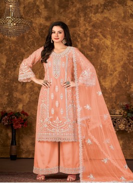 Orange Color Embroidered work Net Semi Stitched  Suit