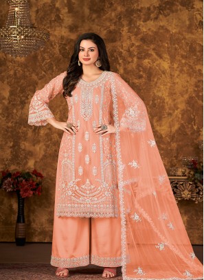 Orange Color Embroidered work Net Semi Stitched  Suit