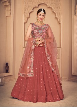 Orange Color Georgette Embroidered Lehenga