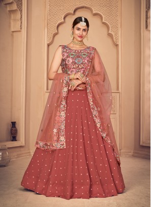 Orange Color Georgette Embroidered Lehenga