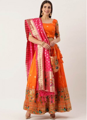 Orange Color Jacquard Lehenga For Sangeet