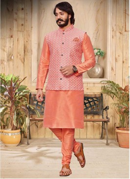 Orange Color Kurta With Jacket Mens